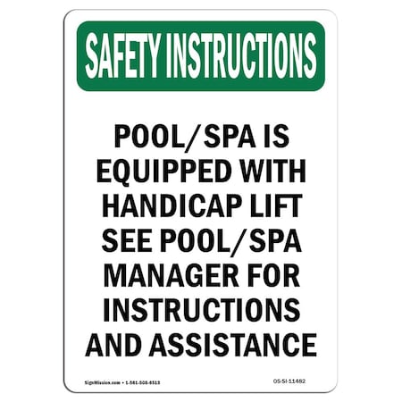 Signmission OSHA INSTRUCTIONS Pool Spa Is Equipped W/ Symbol 24in X 18in Rigid Plastic, 18" W, 24" L, Portrait OS-SI-P-1824-V-11482